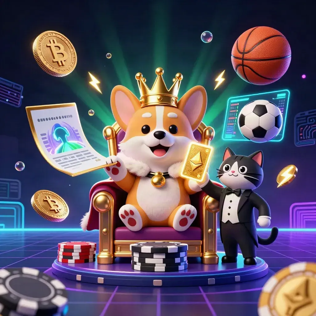 Royal corgi and cat butler on poker chips amid sports balls, crypto coins, and neon casino glow
