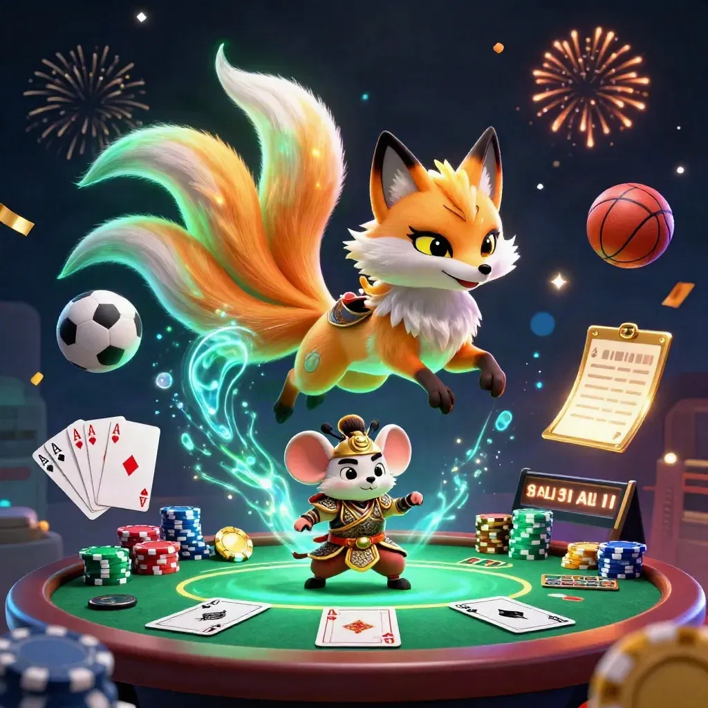 Fox spirit and armored mouse amid poker chips, cards, and flying sports balls on a neon casino backdrop