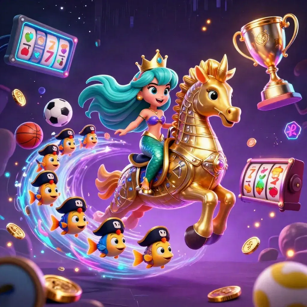 Mermaid princess rides a gold seahorse amid coins, balls, reels, and neon casino magic.