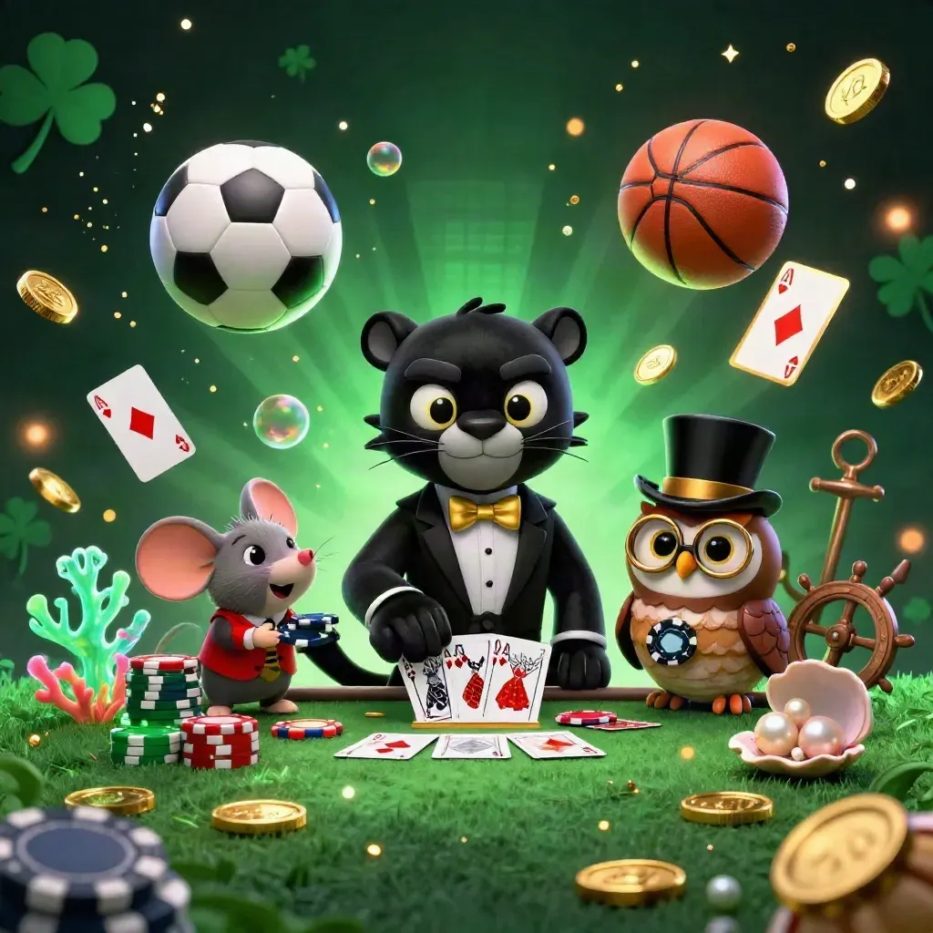 Panther, owl, and mouse amid casino treasure, with soccer and basketball flying through gold light.