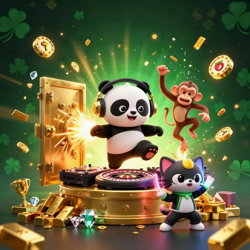 DJ panda, breakdancing monkey, and glow-stick kitten explode around a vault door in neon casino chaos.