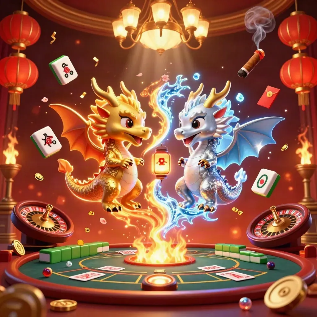 Gold and silver dragons spiral around lantern spirit amid casino props and ember-lit glow.