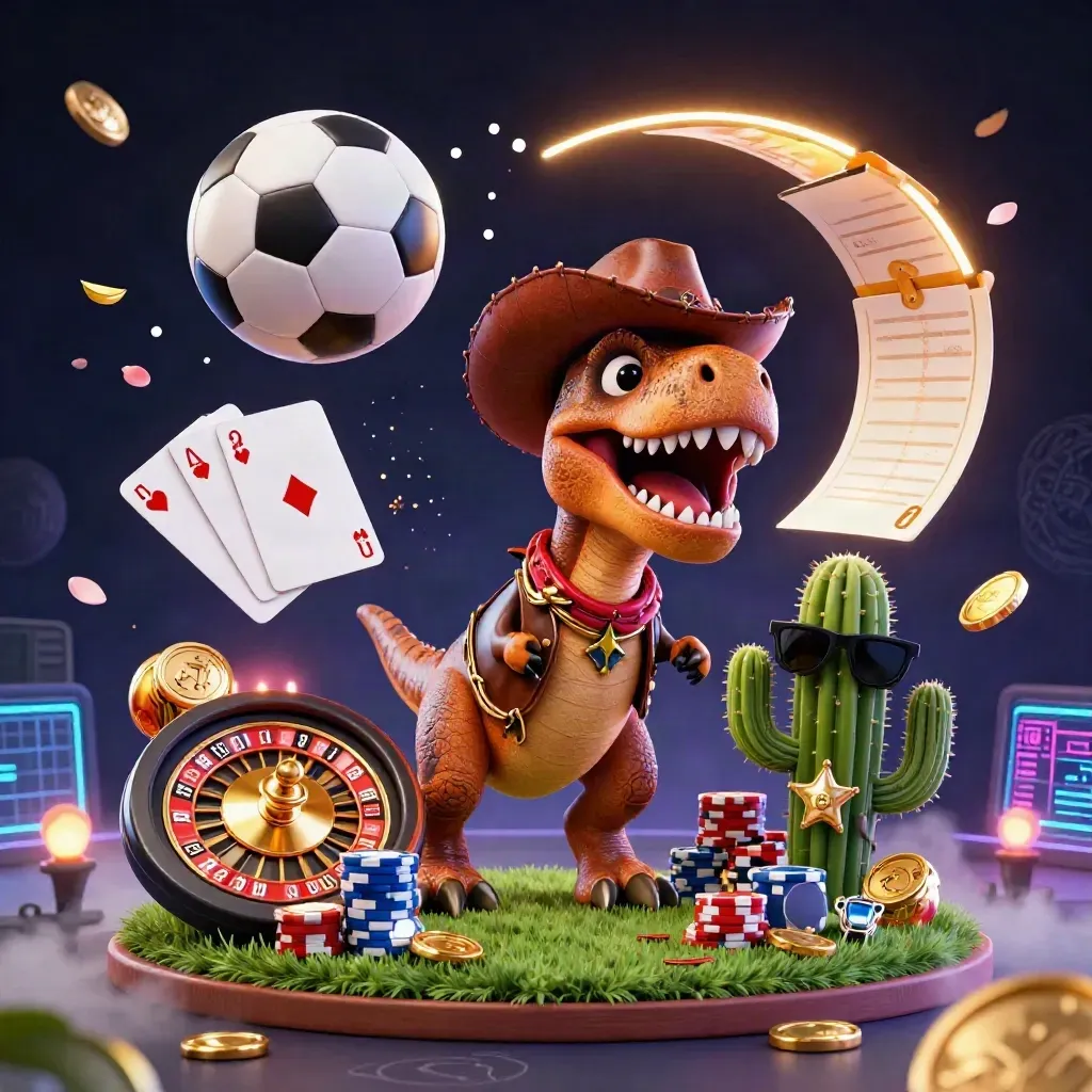 Cowboy T-Rex, cactus, and roadrunner blast a soccer ball amid casino chips, coins, and neon light.
