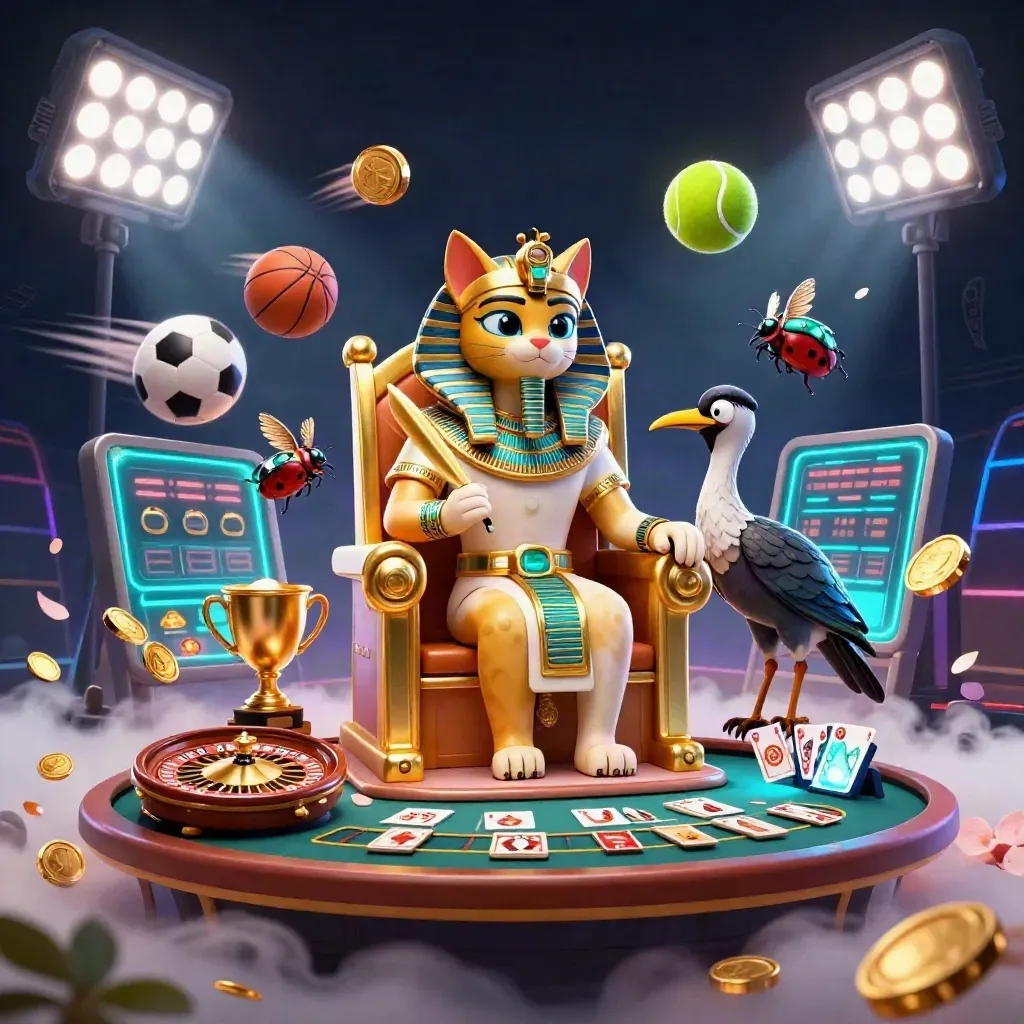 Pharaoh cat, ibis scribe, and gem-wing scarabs amid sports balls, gold, and neon casino lights.