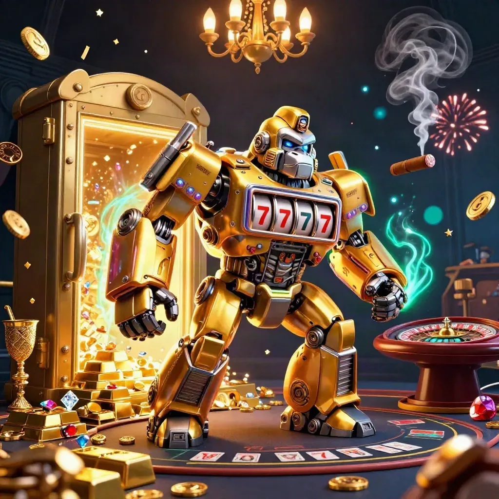 Golden gorilla mech and tiny monkey pilot burst from a vault in a neon casino room
