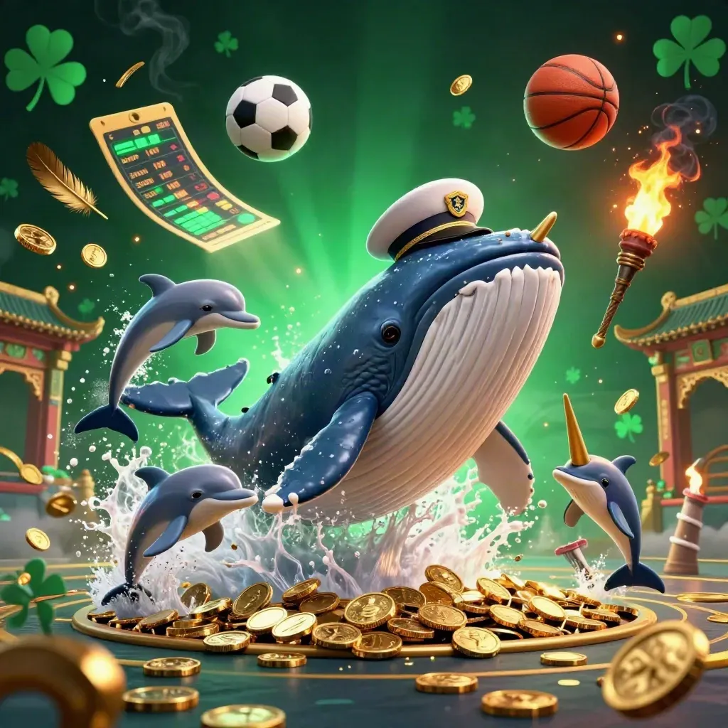 Whale captain, narwhal, dolphins, coins, balls, and casino lights in emerald and gold.