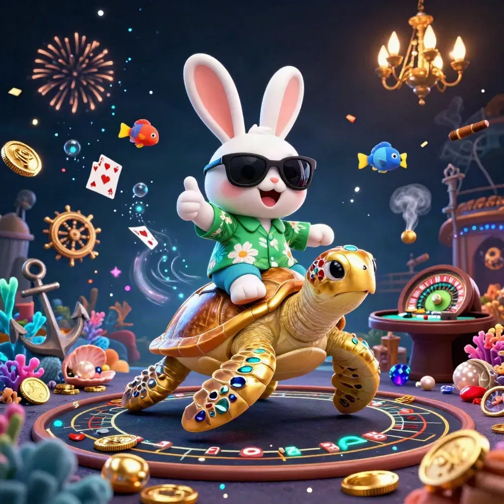 Lucky rabbit on a gold sea turtle in a neon casino treasure cove with cards, coins, and fireworks.