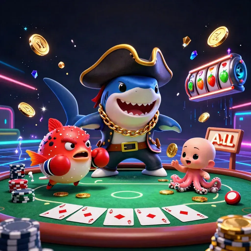 Pirate shark, boxing pufferfish, and coin-juggling octopus blast through casino chips and neon glow.