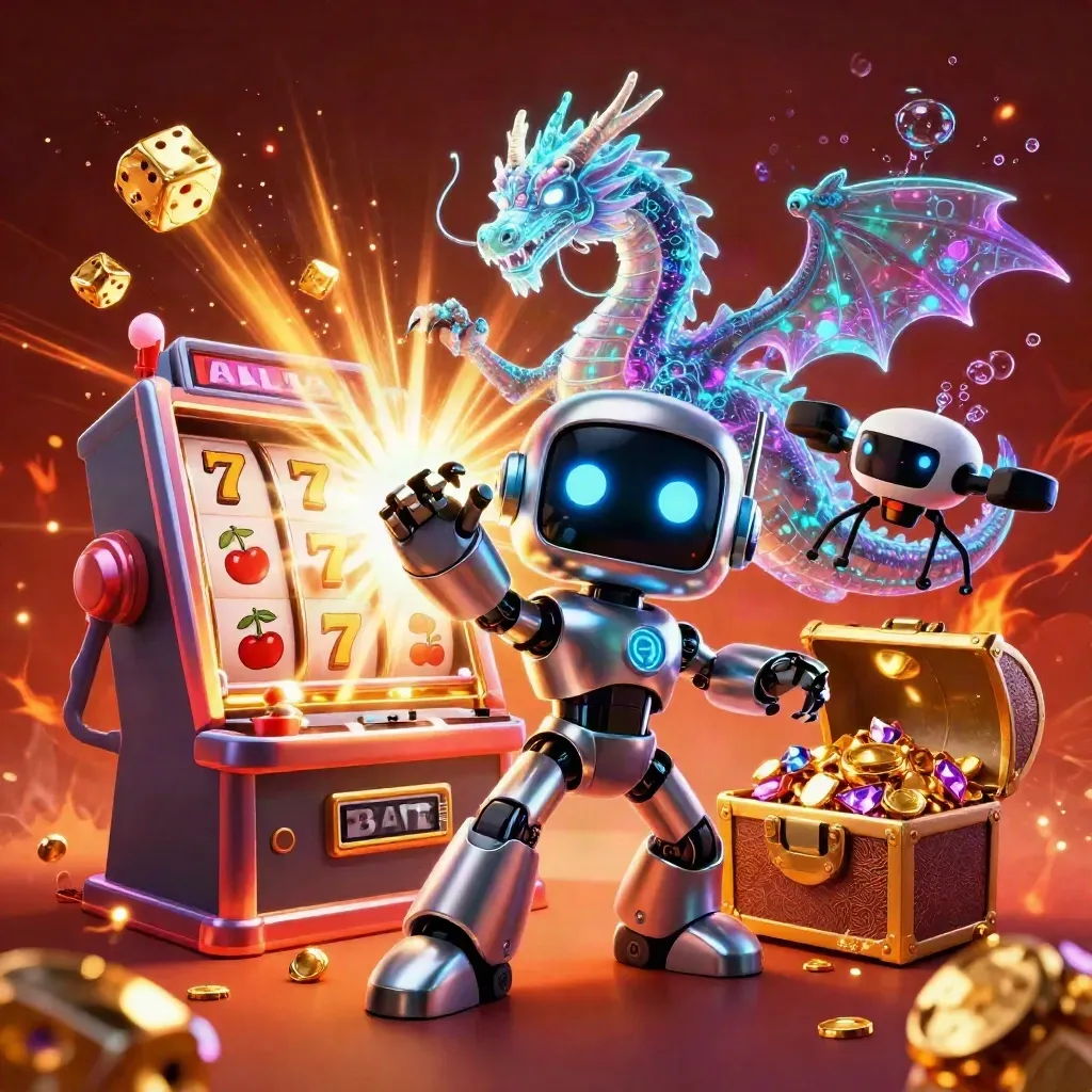 Cyberpunk robot, digital dragon, and coin drone burst amid gold, green jackpots and glowing gems.