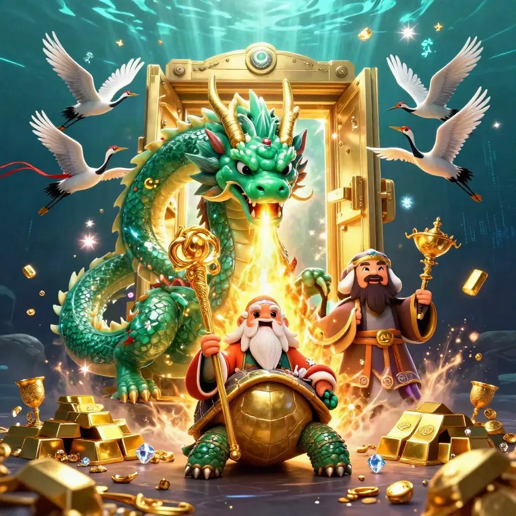 Emerald dragon, turtle sage, and cranes burst from a treasure vault in neon casino fantasy style.
