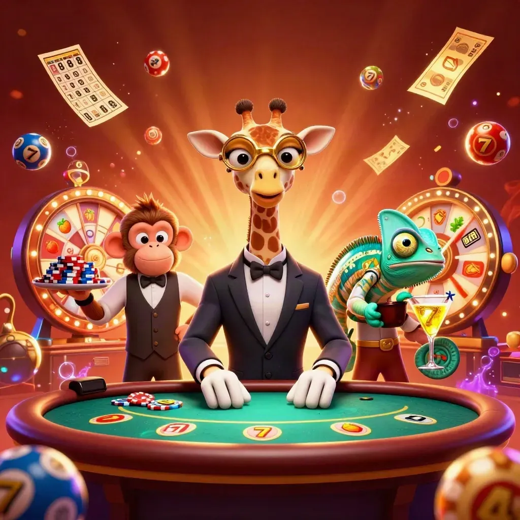 Giraffe high roller with monkey valet and chameleon bartender amid casino bursts and neon glow.