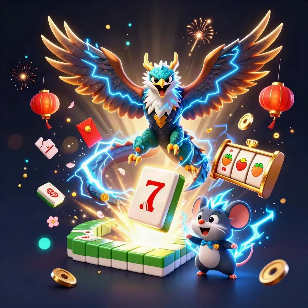 Thunder dragon, wind hawk, and crackling mouse burst through casino gems and lucky symbols