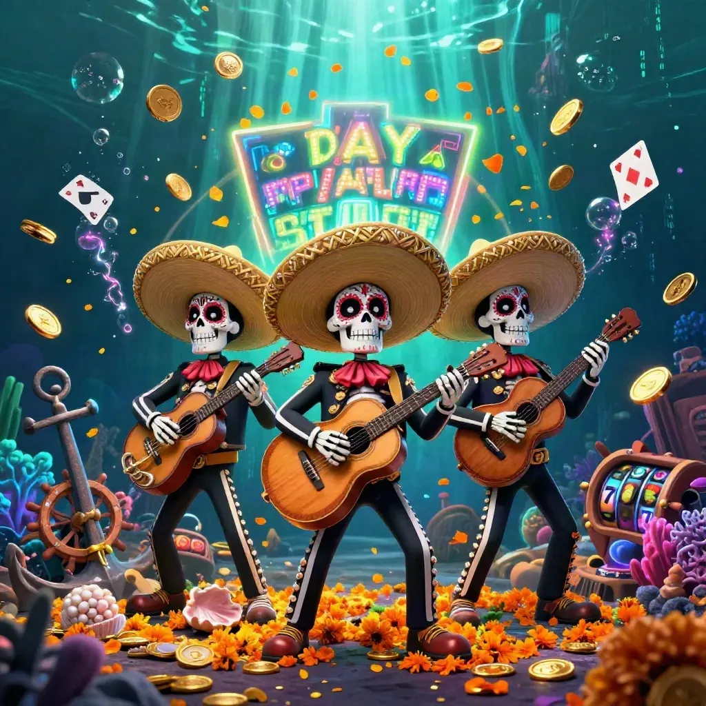 Skeleton mariachi trio in an underwater treasure cove with coins, coral, and neon casino effects