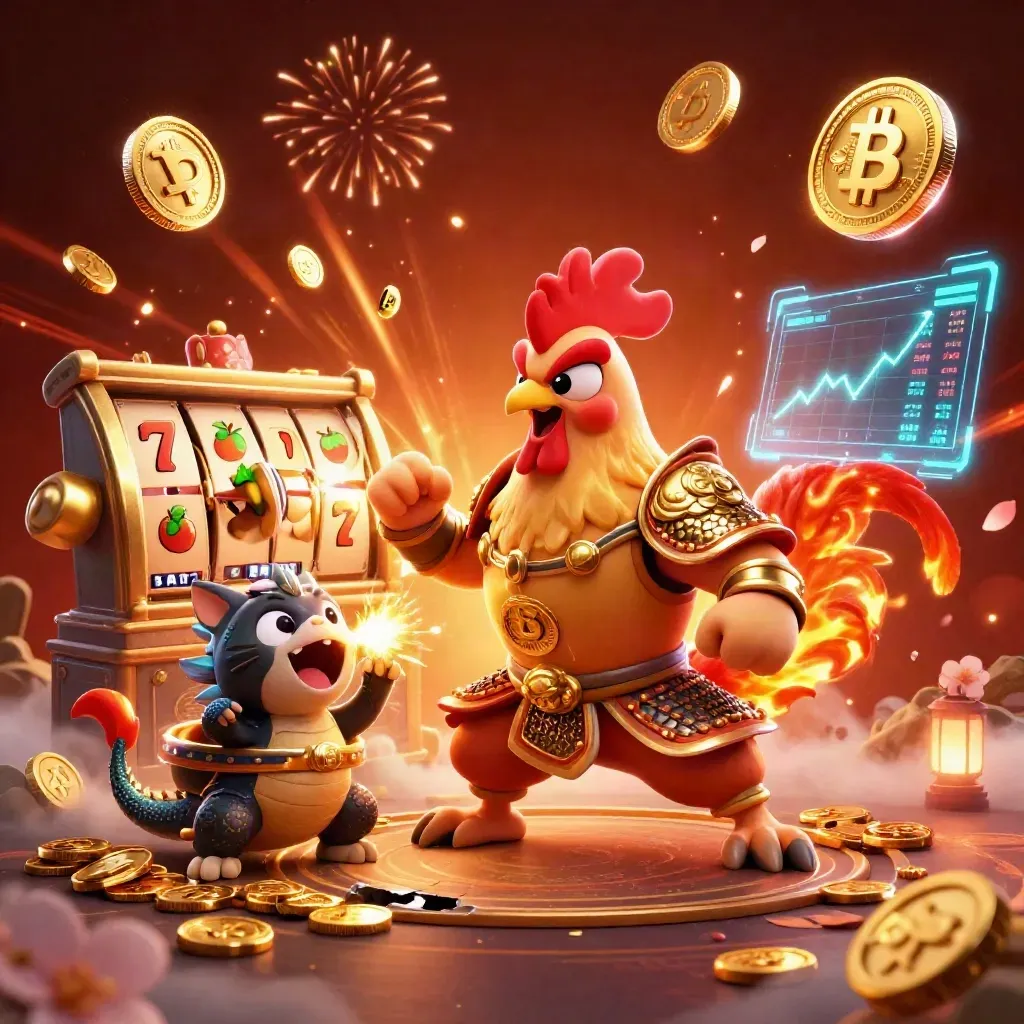 Rooster warrior, dragon hatchling, and fortune-cat amid vault coins, fireworks, and neon casino effects