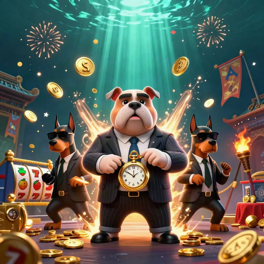 Bulldog boss and Doberman guards amid coins, reels, fireworks, and a temple gate.