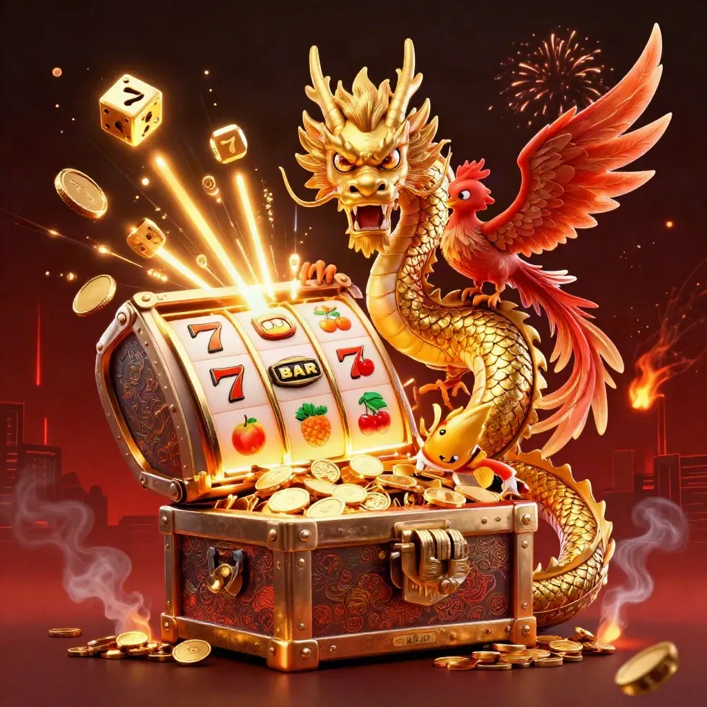 Golden dragon, phoenix, koi, and exploding slot machine with coins, dice, fireworks, and treasure.