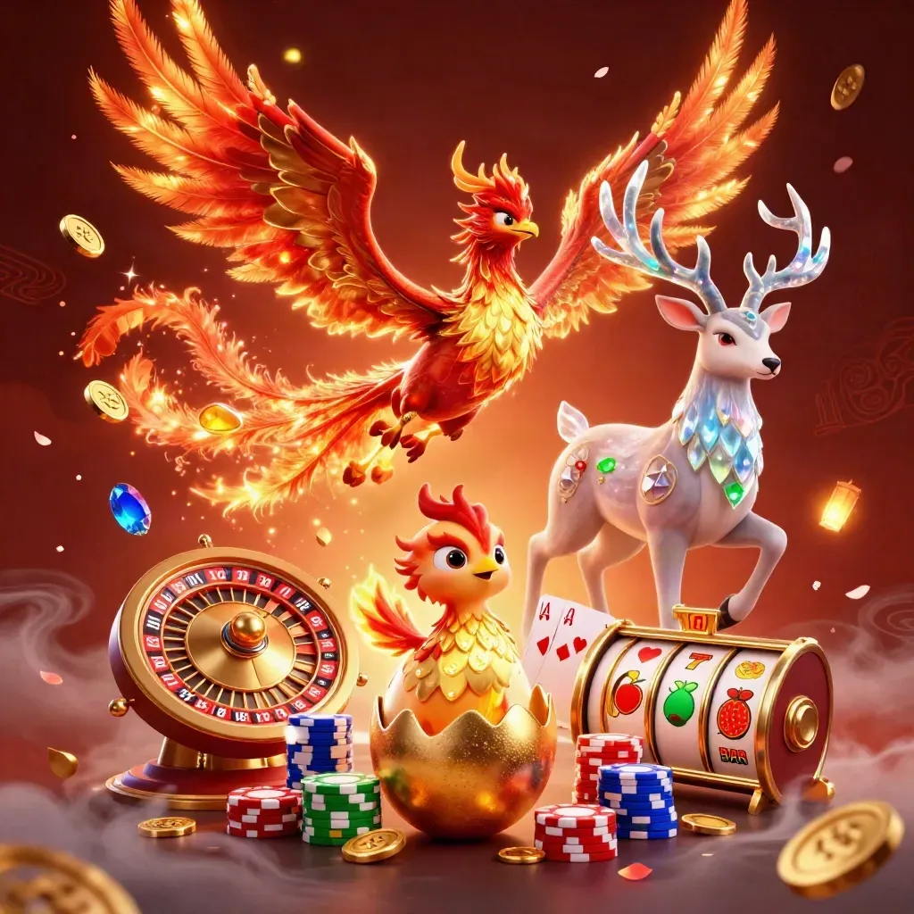 Phoenix, baby phoenix, and stag amid coins, chips, cards, reels, and glowing casino magic.