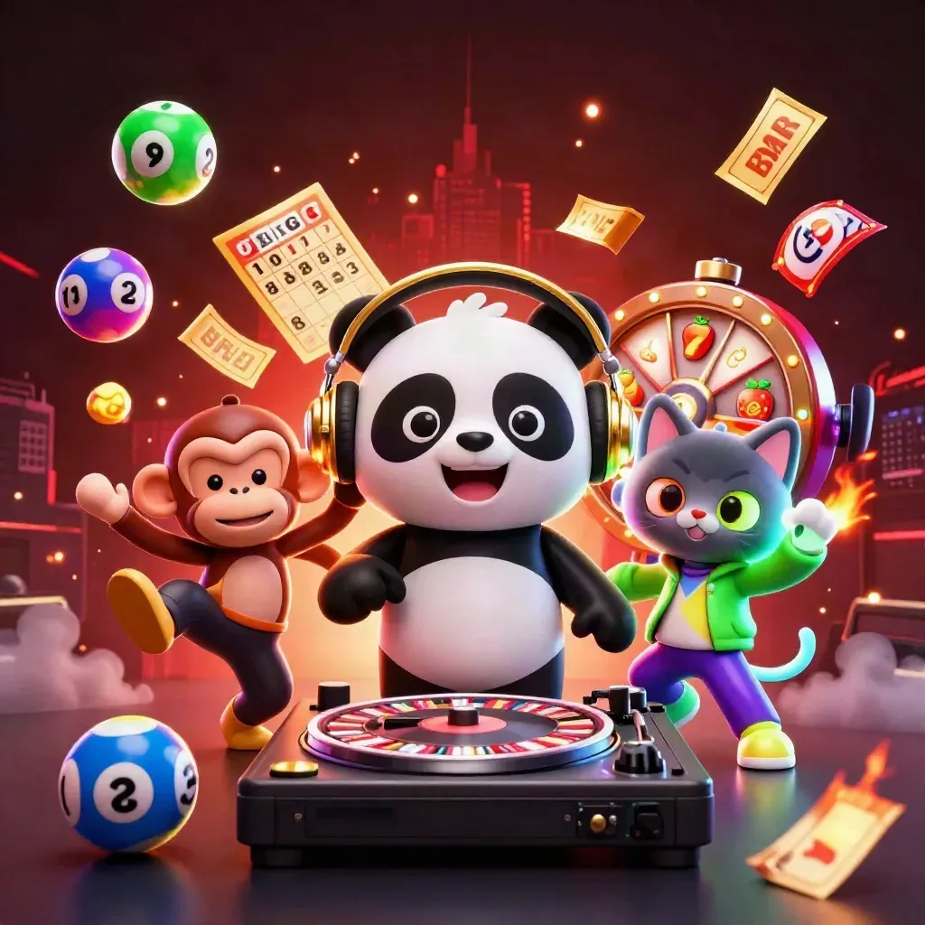 DJ panda, monkey, and glow-stick kitten with casino reels, balls, wheel, and jackpot lights.