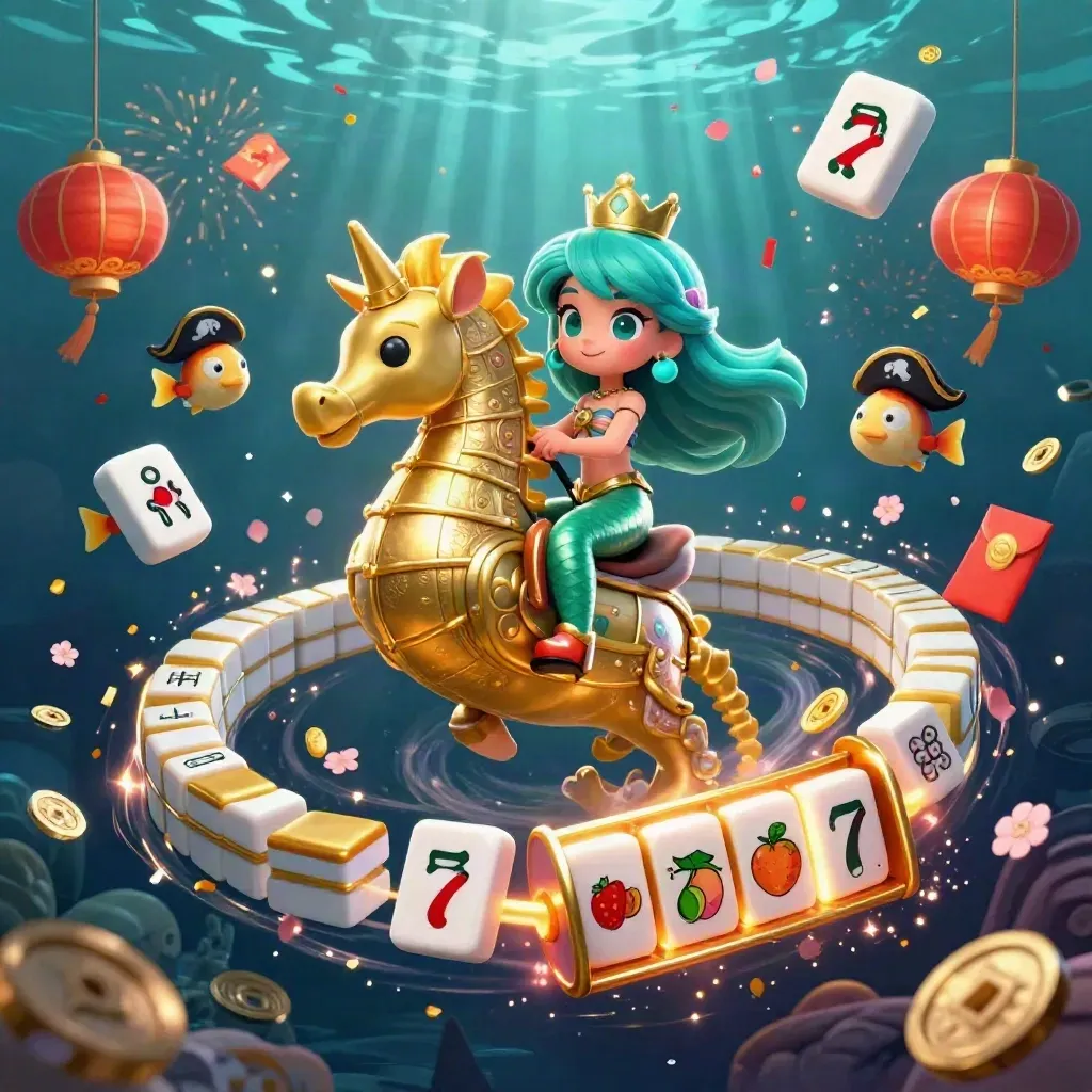 Mermaid princess on armored seahorse with pirate fish and casino symbols underwater