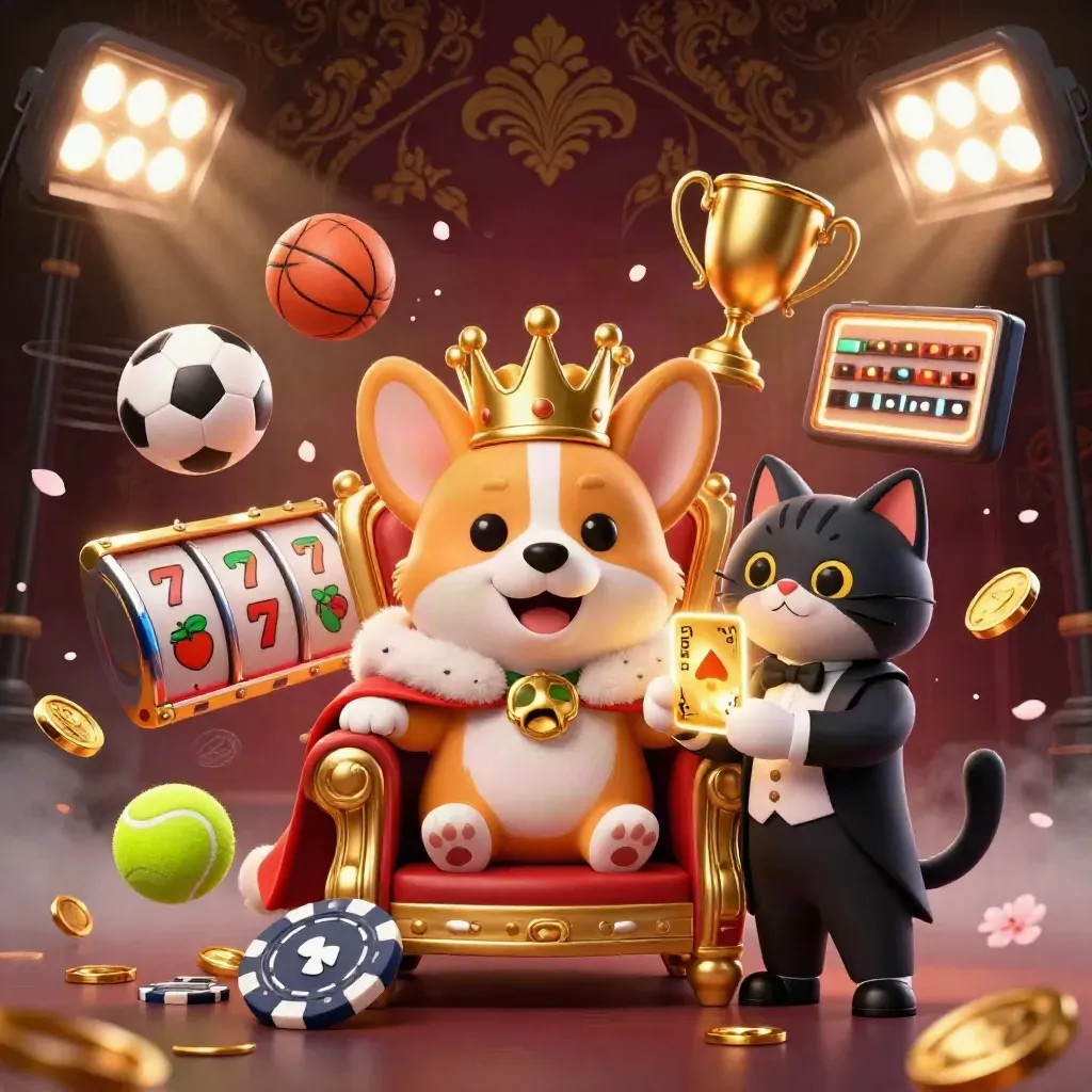 Royal corgi and cat butler on poker-chip throne with casino and sports effects