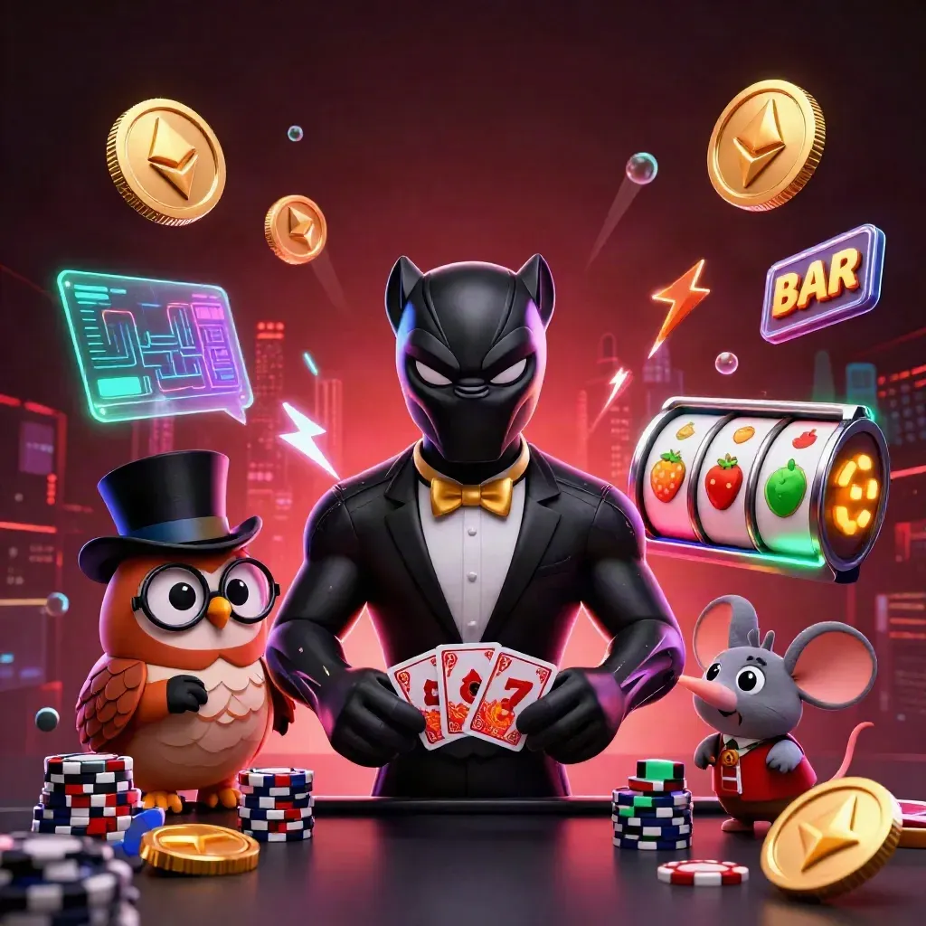 Panther dealer, owl, and mouse with chips, coins, reels, and neon casino energy.