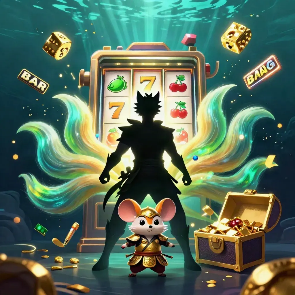 Fox spirit and samurai mouse amid bursting slot machine, gold dice, and treasure chest.