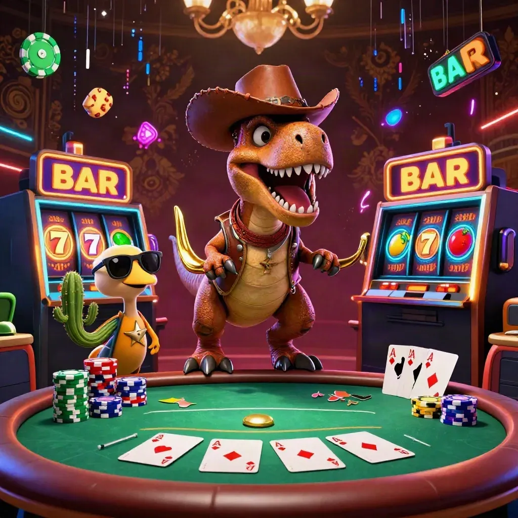 Cowboy T-Rex, cactus, and roadrunner amid casino chips, cards, reels, and neon effects.
